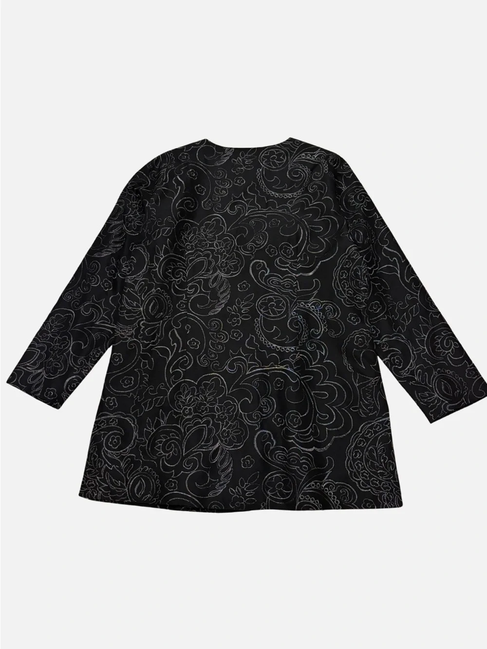 Chico's Silk Embroidered Duster Jacket Black Silver XL/16 Elegant Party Evening